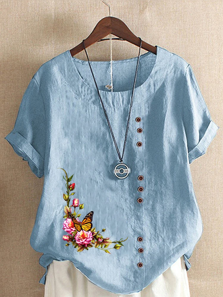 Women's Casual Floral Printed Linen Shirt Ladies Tops Round Neck Short Sleeved Plus Size T-Shirt Loose Graphic Blouse
Women's Casual Floral Printed Linen Shirt Ladies Tops Round Neck Short Sleeved Plus Size T-Shirt Loose Graphic Blouse