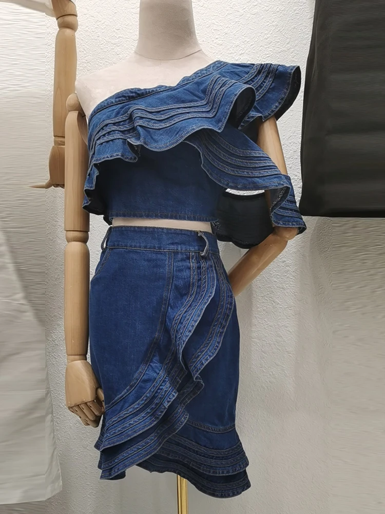 Heavy crafts ruffled slanted collar leaky shoulder denim jacket two-piece suit ladies summer new + denim fishtail skirt suit
Heavy crafts ruffled slanted collar leaky shoulder denim jacket two-piece suit ladies summer new + denim fishtail skirt suit
