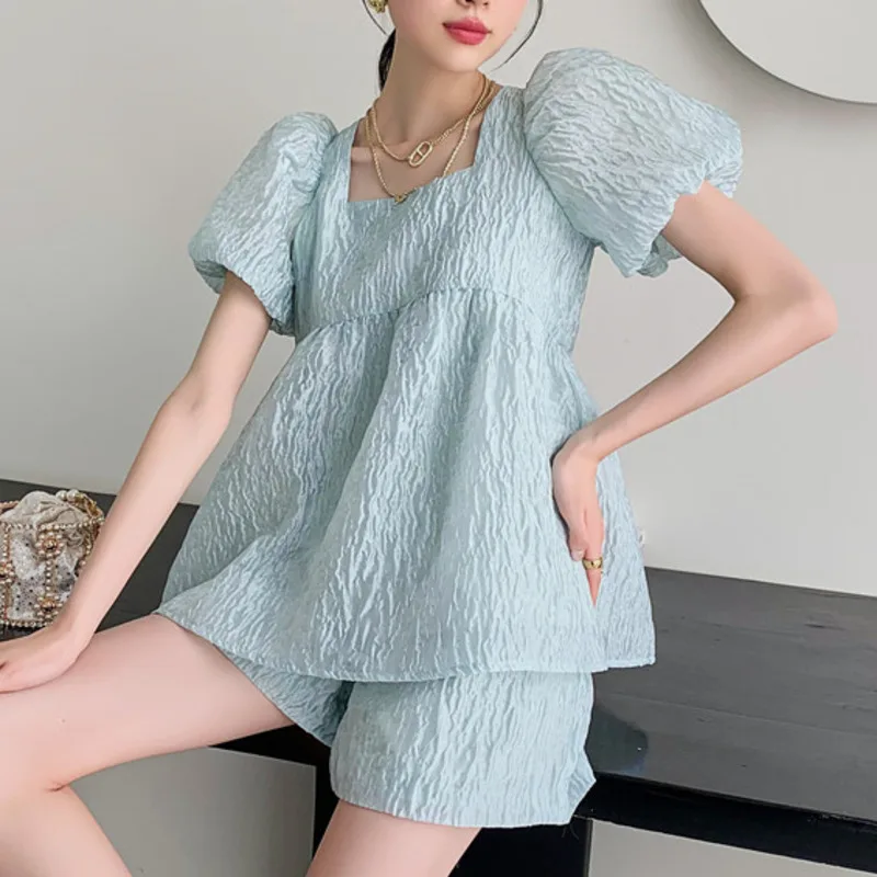 High Quality Summer Clothes Set Puff Sleeve Square Collar Loose Women Top+Belly Shorts Two Piece Sets Tracksuits Sweet Suits New
High Quality Summer Clothes Set Puff Sleeve Square Collar Loose Women Top+Belly Shorts Two Piece Sets Tracksuits Sweet Suits New