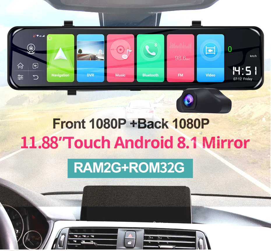 Видеорегистратор с 12 "RAM 2G/ROM 32G 1080P двойной объектив 4G Android 8 1 ADAS GPS