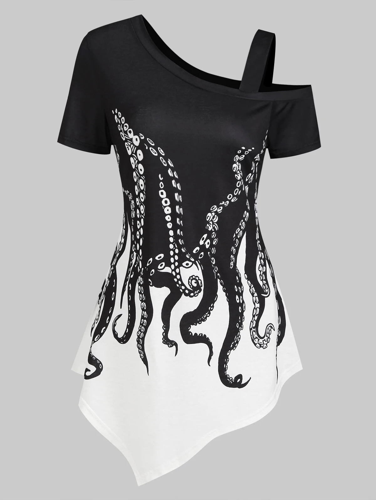 

Gothic Women Skew Neck Octopus Print Asymmetrical T-Shirt Casual Loose T-Shirts Plus Size Short Sleeve Tees Streetwear