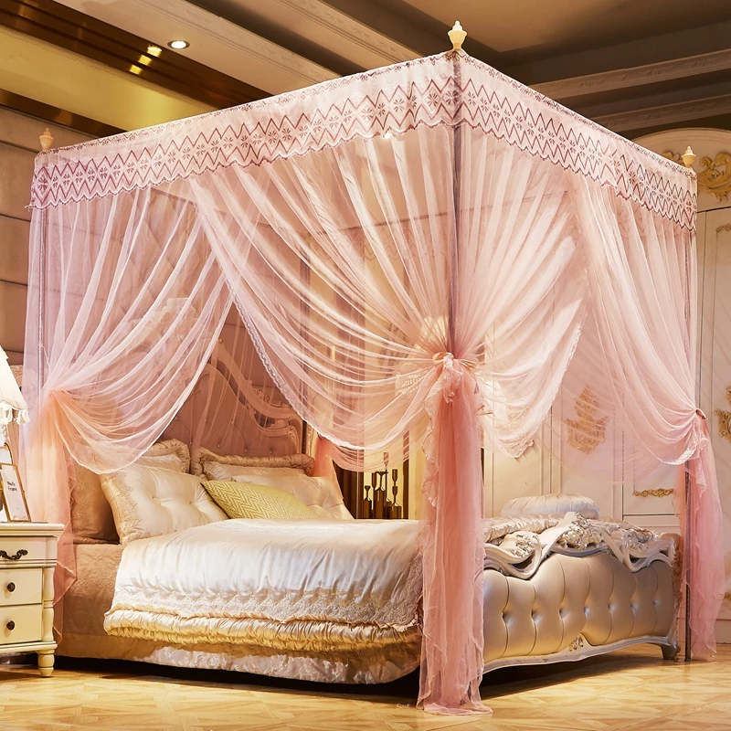 

New Pink Quadrate Mosquito Net Palace Netting With Iron Tube Frame Romantic Lace Light Yellow Blue Three-Door Moustiquaire 1.8M