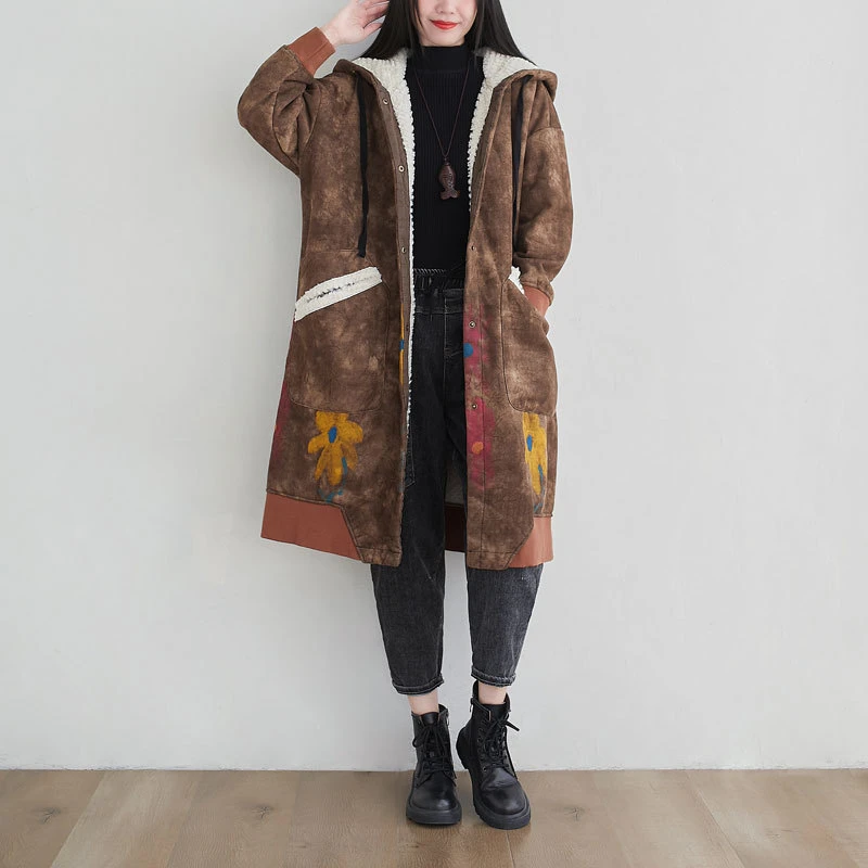 Faux Suede leather Windbreaker Women Winter Thick Warm Hooded Trench Jacket Long Printed Pockets velvet Oversize Padded Coat 
Faux Suede leather Windbreaker Women Winter Thick Warm Hooded Trench Jacket Long Printed Pockets velvet Oversize Padded Coat