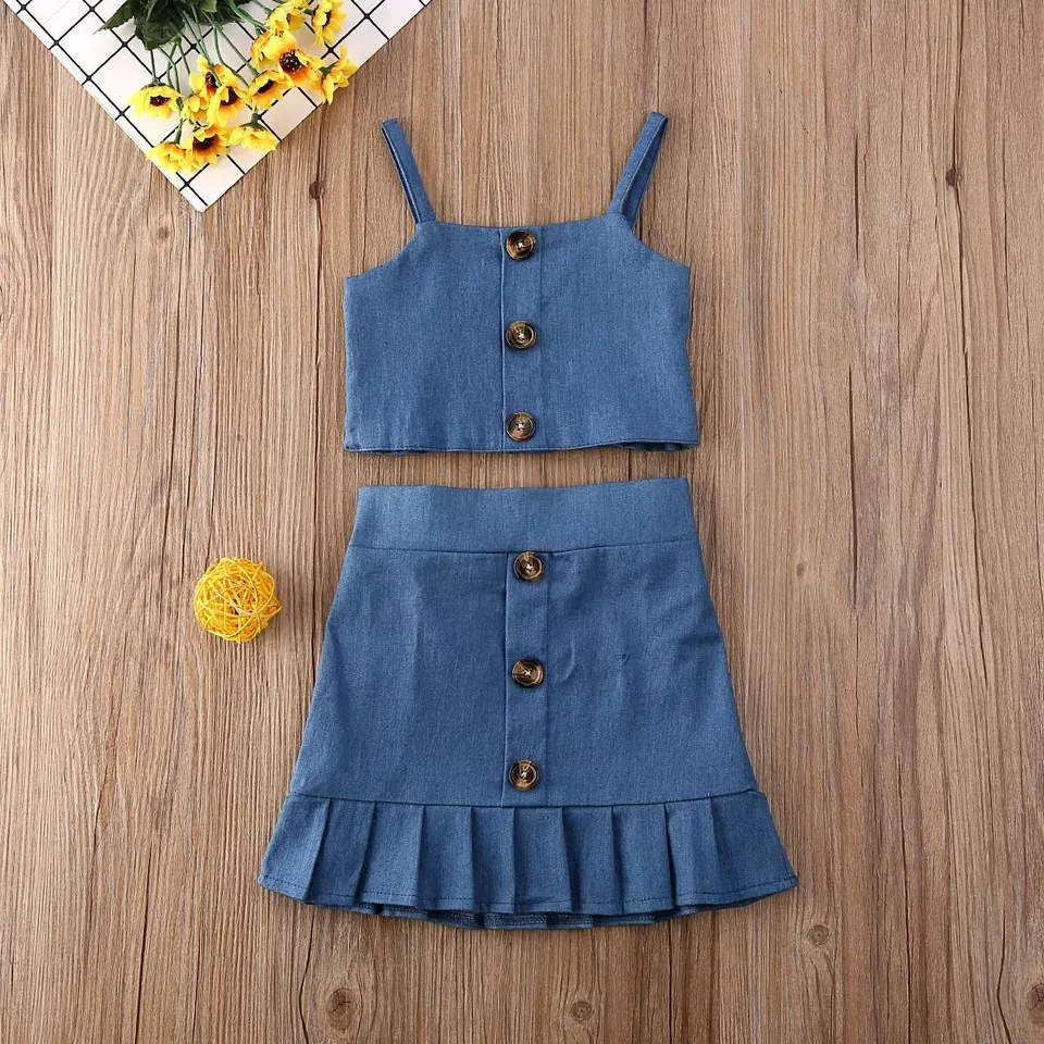 TELOTUNY New Toddler Baby Girls Suspender Pure Color Tank Tops Button Skirt Two Piece Suit Clothes Children Summer Set Outfits46 | Детская