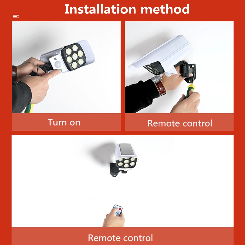 Solar Light Motion Sensor Security Dummy Camera Wireless Outdoor Solar Wall Light Garden Light IP65 Waterproof 77LED Lamp 3 Mode
Solar Light Motion Sensor Security Dummy Camera Wireless Outdoor Solar Wall Light Garden Light IP65 Waterproof 77LED Lamp 3 Mode