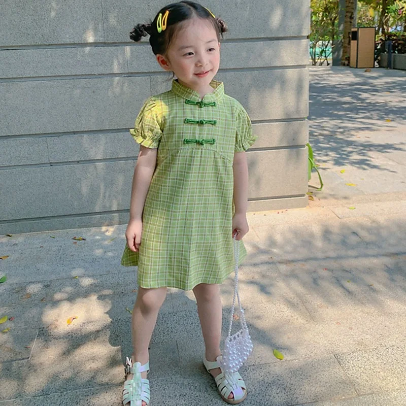 Chinese Style Girls Cheongsam Dress Summer Girl Bubble Sleeves Retro Improved Sundress Kid Clothing Plaid Green Dress For Girl
Chinese Style Girls Cheongsam Dress Summer Girl Bubble Sleeves Retro Improved Sundress Kid Clothing Plaid Green Dress For Girl