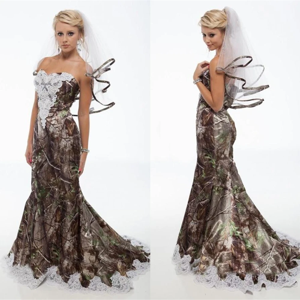 

Strapless Camo Wedding Dresses Trumple Sweetheart Appliques Lace Long Country Bridal Gowns Camouflage Cowgirls Wedding Dress