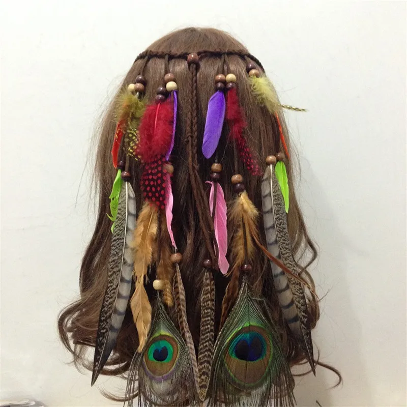 

Bohemian Style Indian Feather Headband Headdress Hair Rope Headwear Tribal Hippie Handmade Hair Accessories for Women 06