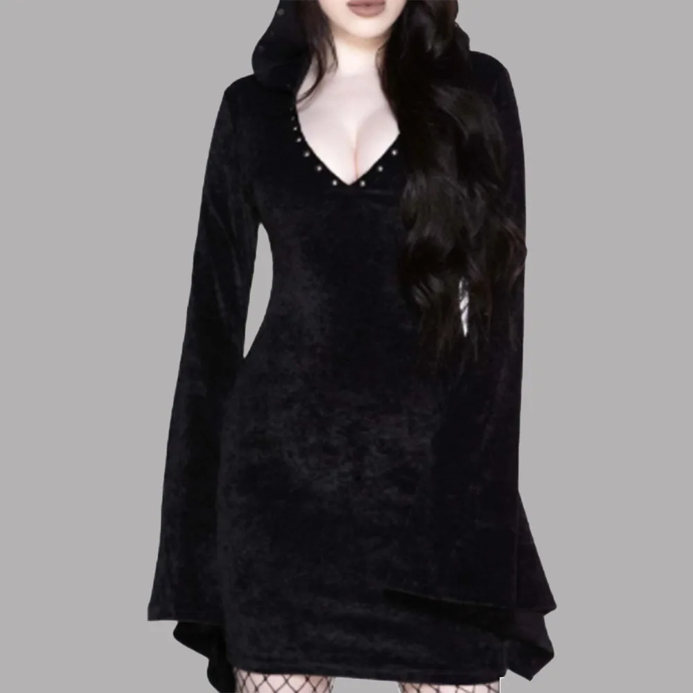 2021 New Women Dress Gothic Solid Color Hooded V-neck Flared Sleeves Autumn Winter Fashion High Street Casual Pullover
2021 New Women Dress Gothic Solid Color Hooded V-neck Flared Sleeves Autumn Winter Fashion High Street Casual Pullover