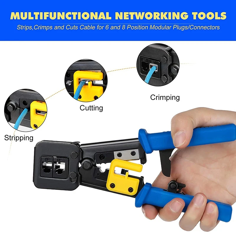 RJ45 Crimp Tool Kit Pass Thru Cat5 Cat5E Cat6 RJ45 Crimping Tool with 20PCS RJ45 Cat6 Pass Through Connectors and Covers
RJ45 Crimp Tool Kit Pass Thru Cat5 Cat5E Cat6 RJ45 Crimping Tool with 20PCS RJ45 Cat6 Pass Through Connectors and Covers
