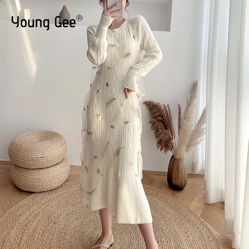 Young Gee Elegant White Twist Knitted Dress Fall Winter Slim Lantern Sleeve Sweater + Spaghetti Strap Star Sequins Mesh Dresses
Young Gee Elegant White Twist Knitted Dress Fall Winter Slim Lantern Sleeve Sweater + Spaghetti Strap Star Sequins Mesh Dresses