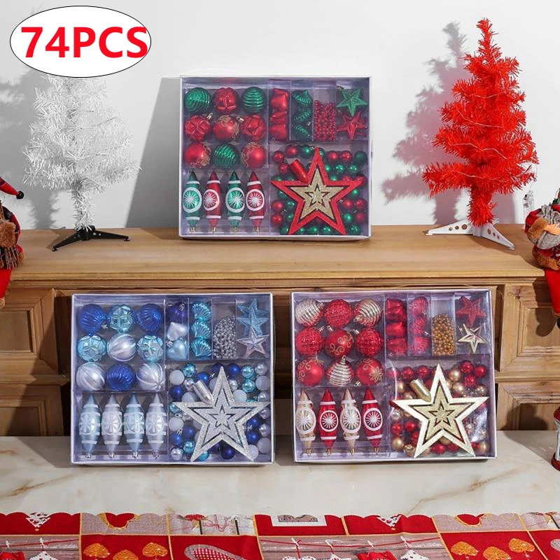 

74Pcs/set Christmas Balls Ornaments Snowflake Snowman Christmas Tree Hanging Ball Set For Home Xmas Decor New Year Gift