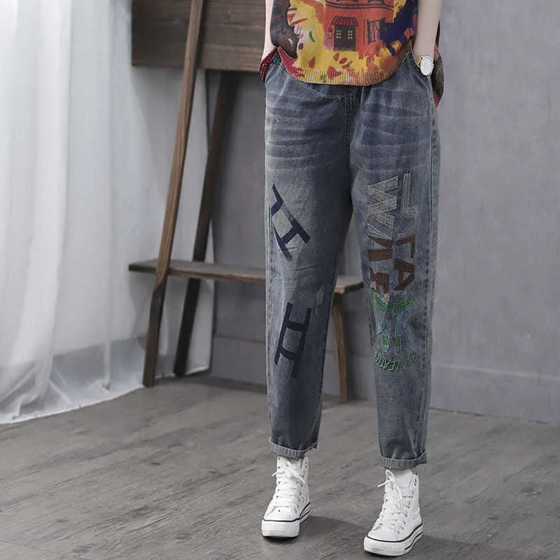 Jeans Letter Embroidery Cotton Denim Harem Pants high quality 2021 Spring New Arts Style Women Elastic Waist Loose Vintage 
Jeans Letter Embroidery Cotton Denim Harem Pants high quality 2021 Spring New Arts Style Women Elastic Waist Loose Vintage