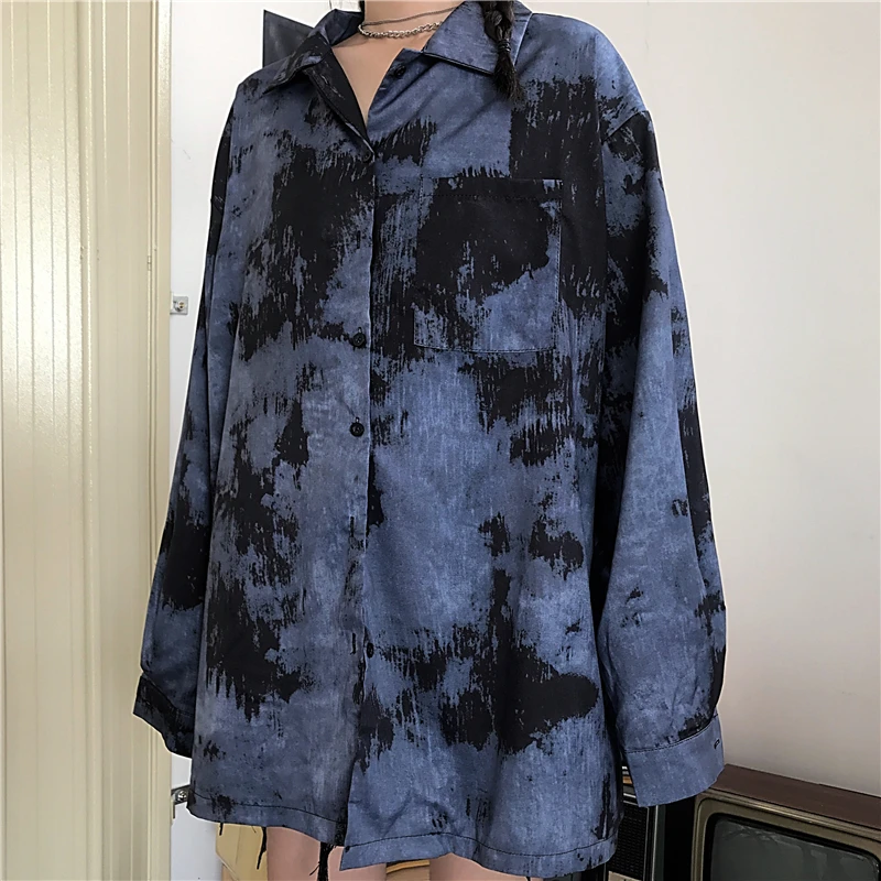 Turn-down Collar Print Spring Autumn Streetwear Women's Clothing Shirts Loose Blouses Oversize Tops Female Hipster Fashion New