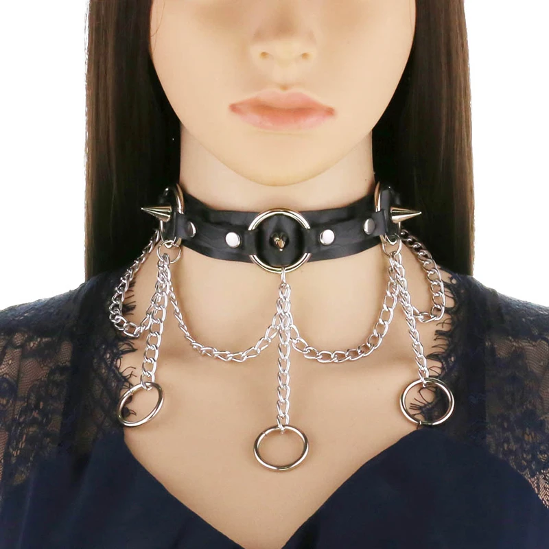 

Harajuku Punk Gothic Black Leather Choker Necklace For Women Rivets Spike Long Chains Round Pendants Necklaces Collares Jewelry
