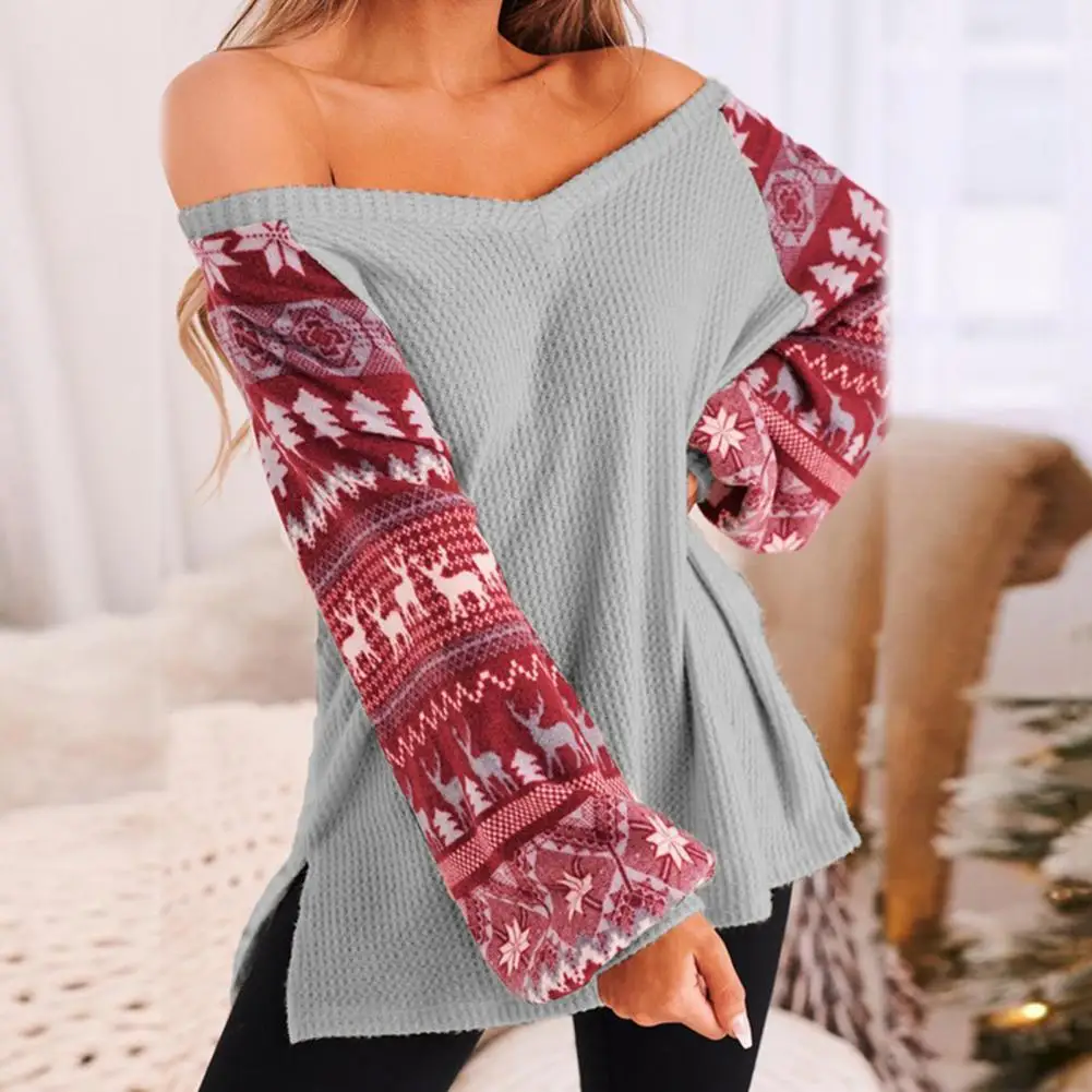 Women Sweaters Christmas Sweater Print Lantern Sleeve Knitted V Neck Side Split Jumpers Ladies Sweater Autumn Winter
Women Sweaters Christmas Sweater Print Lantern Sleeve Knitted V Neck Side Split Jumpers Ladies Sweater Autumn Winter