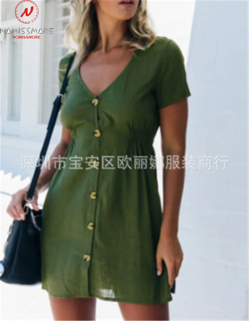 Fashion Women Summer Solid Color A-Line Dress Single-breasted Design V-Neck Short Sleeve High Waist Slim Pullovers Mini Dress
Fashion Women Summer Solid Color A-Line Dress Single-breasted Design V-Neck Short Sleeve High Waist Slim Pullovers Mini Dress