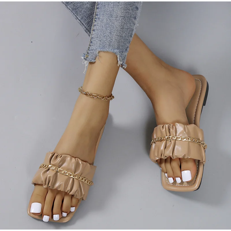 Fashion New Women Flat Slippers Pu Leather Pleated Metal Chain Slides Summer Outdoor Sexy Females Casual Shoes Big Sizes 36-43
Fashion New Women Flat Slippers Pu Leather Pleated Metal Chain Slides Summer Outdoor Sexy Females Casual Shoes Big Sizes 36-43