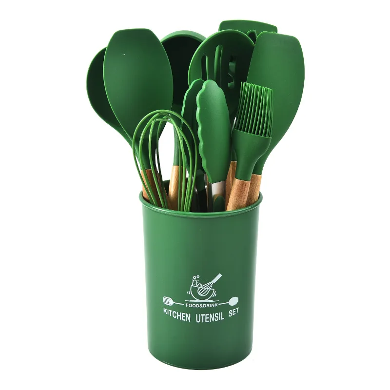 Wooden Handle Silicone Kitchenware 12-piece Set, Green Scraper Spoon Spatula Kitchen Tool with Storage Bucket Set
Wooden Handle Silicone Kitchenware 12-piece Set, Green Scraper Spoon Spatula Kitchen Tool with Storage Bucket Set