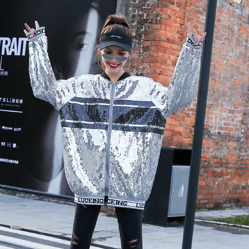 Thailand tide brand jacket female 2019 new Korean version ins personality heavy work letters color matching sequins women | Женская