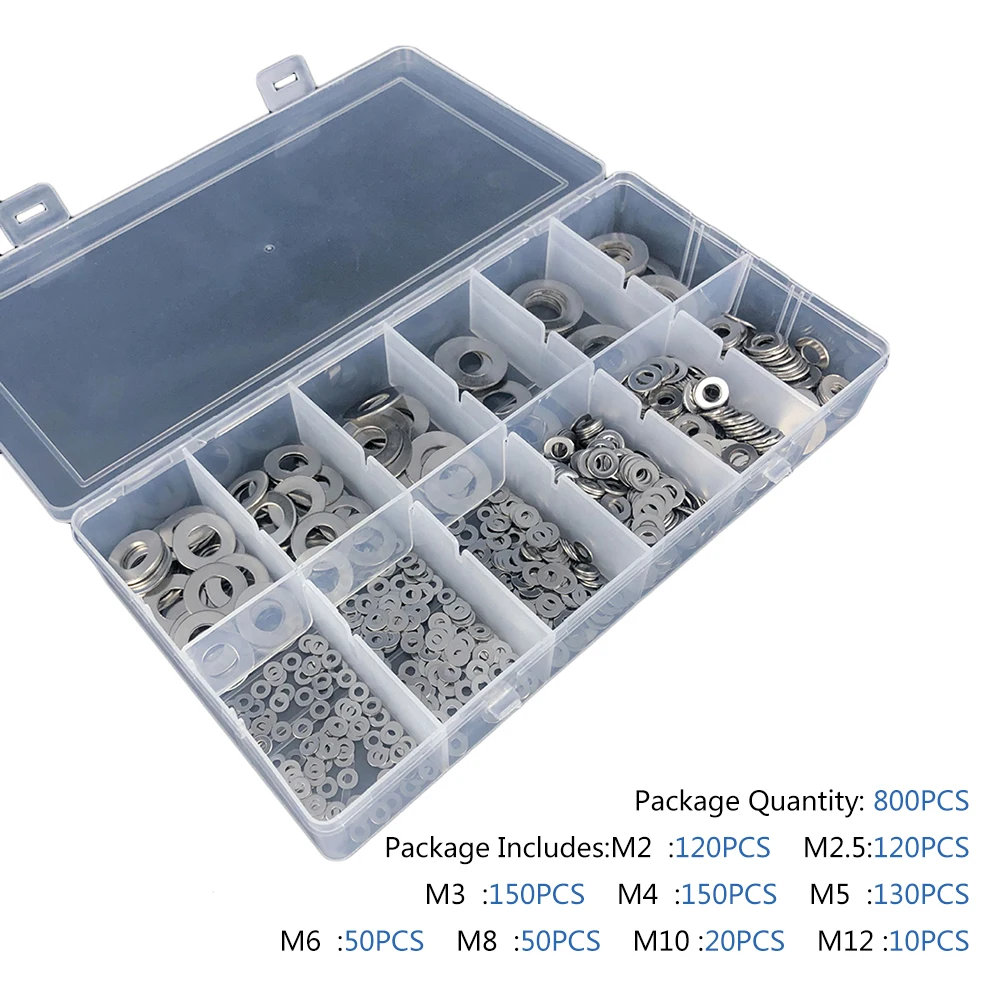 800pcs Boxed Stainless Steel Flat Washer Combination Washer 304 M2 M3 M4 M5 M6 M8 M10 M12 Assortment Kit
800pcs Boxed Stainless Steel Flat Washer Combination Washer 304 M2 M3 M4 M5 M6 M8 M10 M12 Assortment Kit