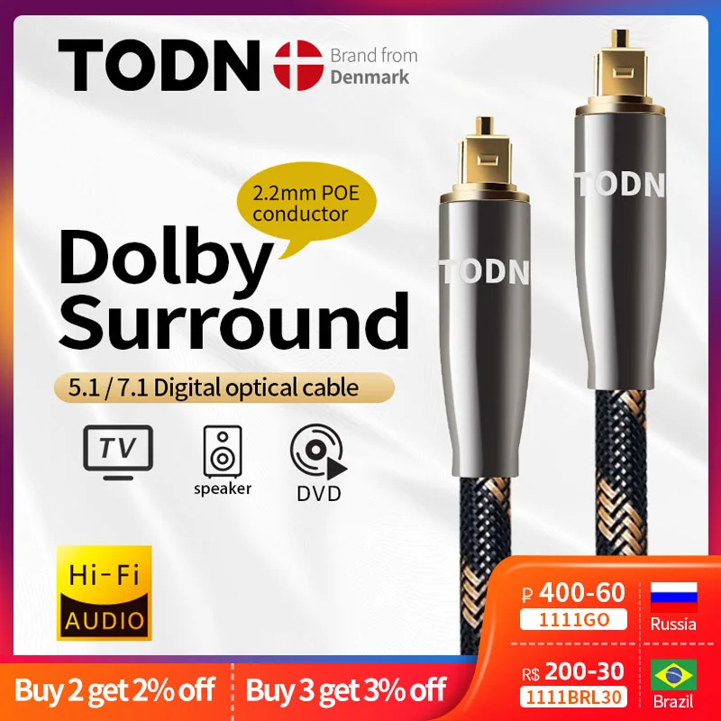 TODN Цифровой оптический аудио кабель Toslink, высококачественный волоконно-оптический аудио кабель для HIFI видео DVD TV DTS Dolby 5,1 7,1
TODN Цифровой оптический аудио кабель Toslink, высококачественный волоконно-оптический аудио кабель для HIFI видео DVD TV DTS Dolby 5,1 7,1