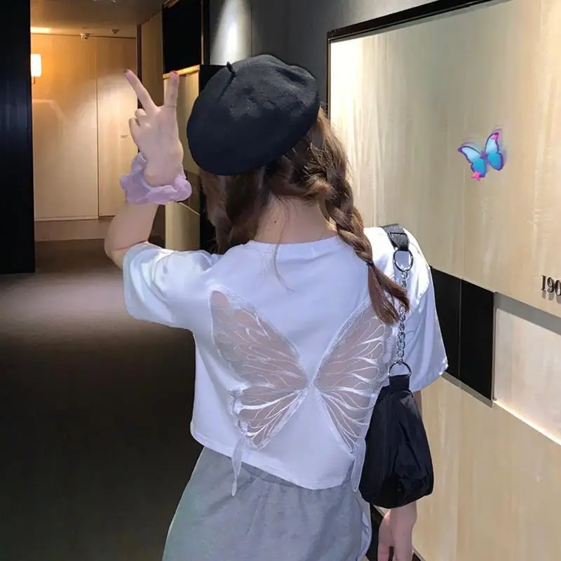 Summer Sexy Hollow Out Backless Butterfly Crop Tops Loose Short Sleeve White T-Shirt Casual Round Neck Base Shirt Women's Wear
Summer Sexy Hollow Out Backless Butterfly Crop Tops Loose Short Sleeve White T-Shirt Casual Round Neck Base Shirt Women's Wear