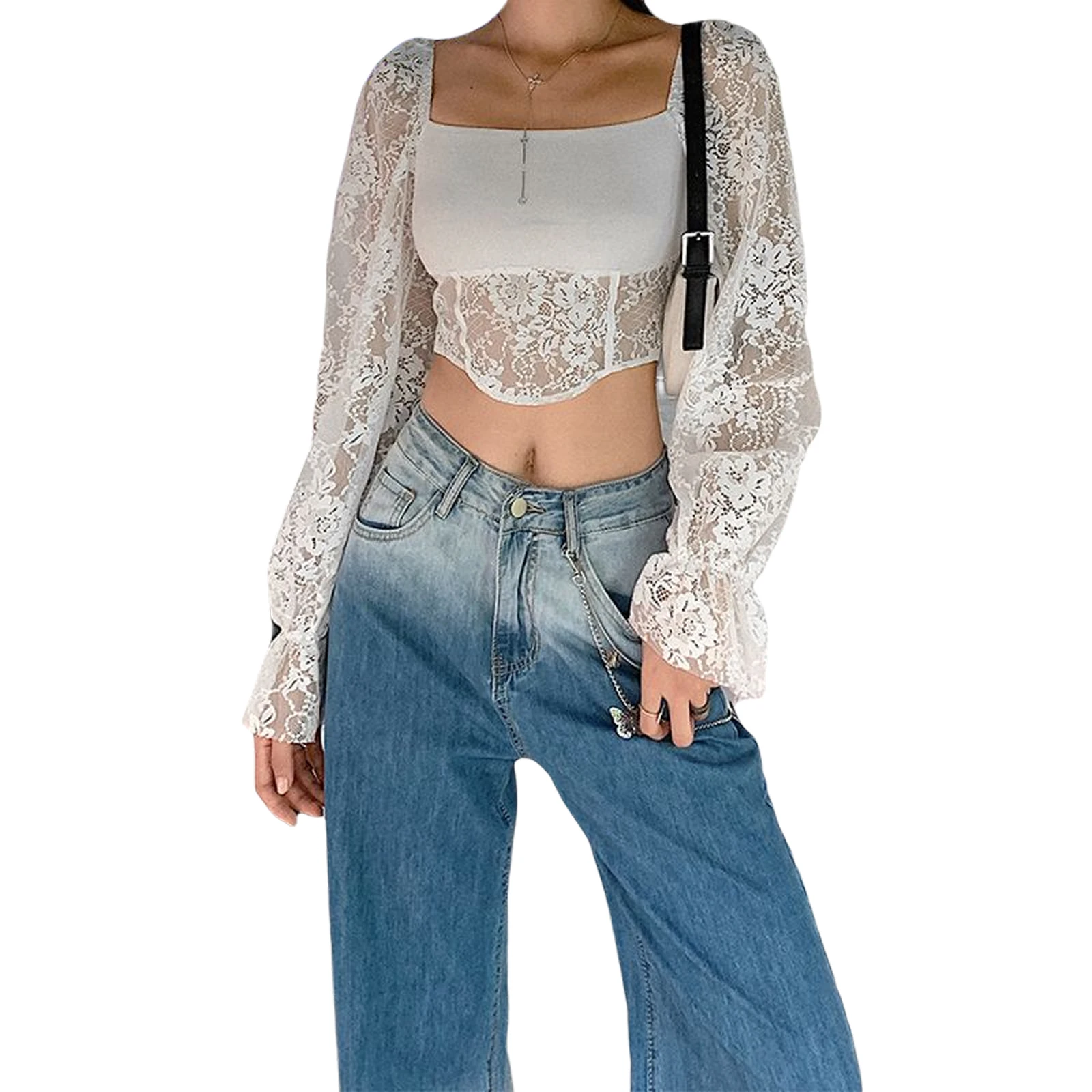 Women Floral Lace Crop Top, Autumn Adults Sexy Long Sleeve Square Collar See-thorough Pullover
Women Floral Lace Crop Top, Autumn Adults Sexy Long Sleeve Square Collar See-thorough Pullover