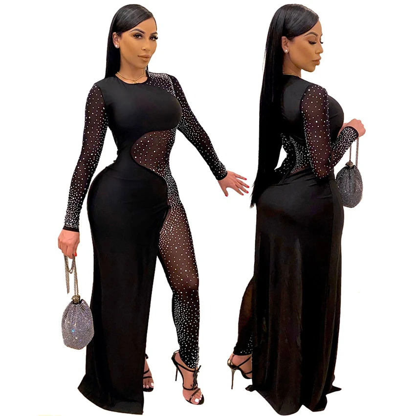 

2020 New Fashion Women Mesh Patchwork Diamonds Stitching Jumpsuits Female Black Sexy See Through Rompers Nightclub Party Overall