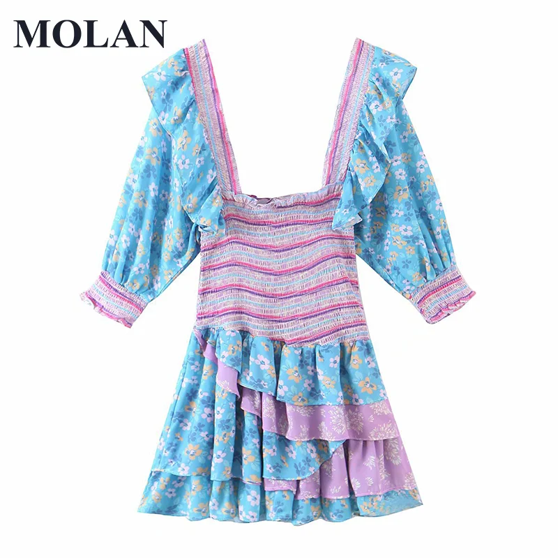 

Женское винтажное пляжное платье MOLAN, шифоновое Модное шифоновое платье с квадратным вырезом и рукавами-фонариками в винтажном стиле, лето