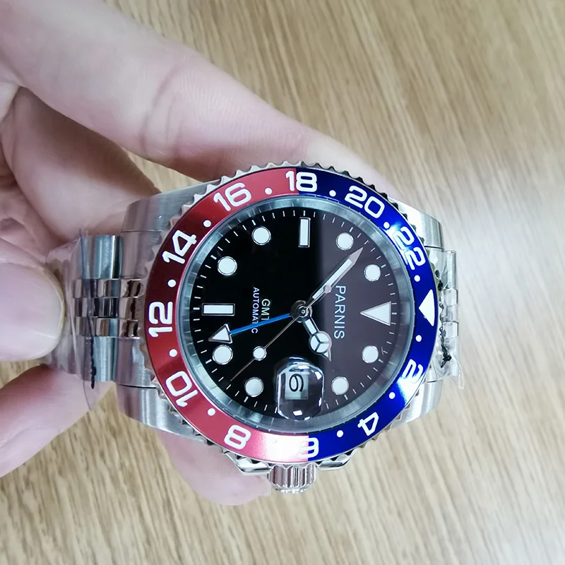 Parnis 40mm Red Blue Bezel Mechanical Automatic Men Watches GMT Sapphire Crystal Jubilee Strap Men's Watch with box gift | Наручные