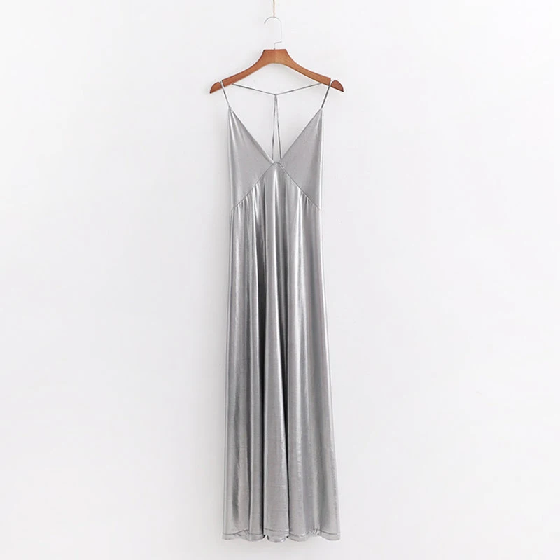 Фото 2019 женское Сексуальное Серебряное длинное платье ZA летние женские модные