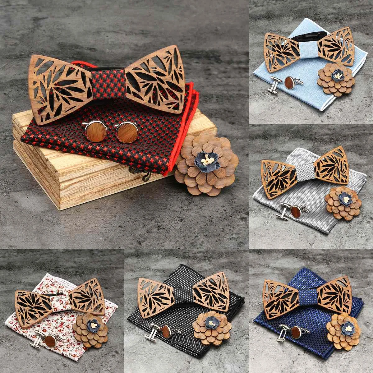 4Pcs/Set Wooden Bow Tie Set and Handkerchief Cufflink Lapel Flower Bowtie Necktie Cravate Gifts for Men Valentine's Day Present
4Pcs/Set Wooden Bow Tie Set and Handkerchief Cufflink Lapel Flower Bowtie Necktie Cravate Gifts for Men Valentine's Day Present