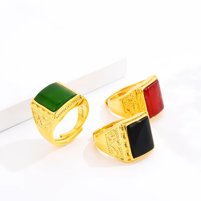 

FASHION MEN'S GOLD 14K RING INLAID JADE AGATE OBSIDIAN RING WITH RED GREEN BLACK STONE RINGS CHARMS GEMSTONE COUPLE RING JEWELRY