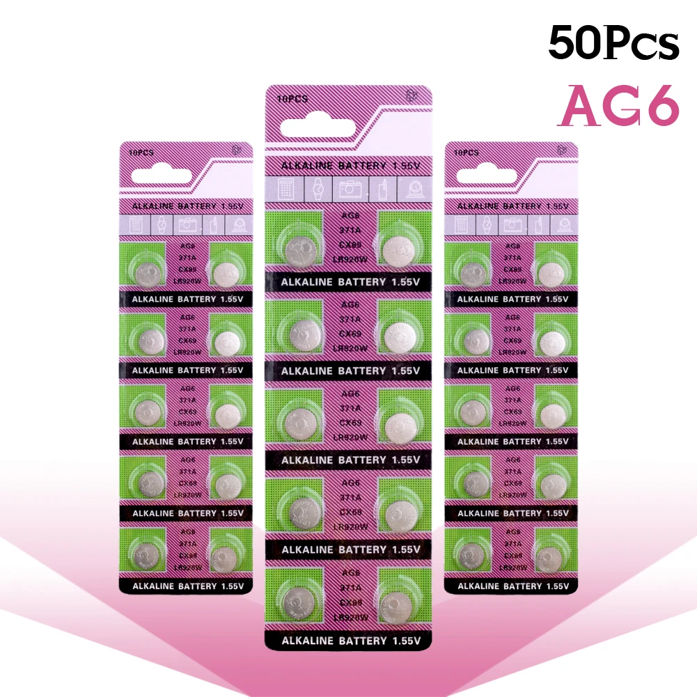 50 шт. AG6 щелочные батареи SR290SW SR920SW V371 D371 LR920SW LR921 SG6 SR69 SB-AN 280-31 кнопочный Аккумулятор для монет
50 шт. AG6 щелочные батареи SR290SW SR920SW V371 D371 LR920SW LR921 SG6 SR69 SB-AN 280-31 кнопочный Аккумулятор для монет
