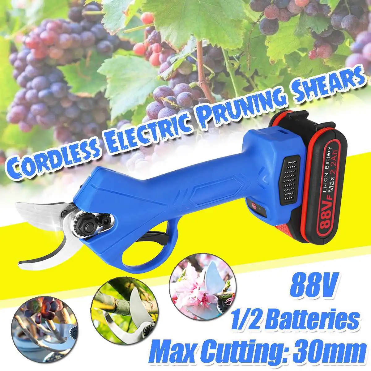 

88V Cordless Electric Pruning Shears 30mm Max Cutting Pruner with 1/2 Lithium-ion Battery Garden Branches Cutter EU Plug
