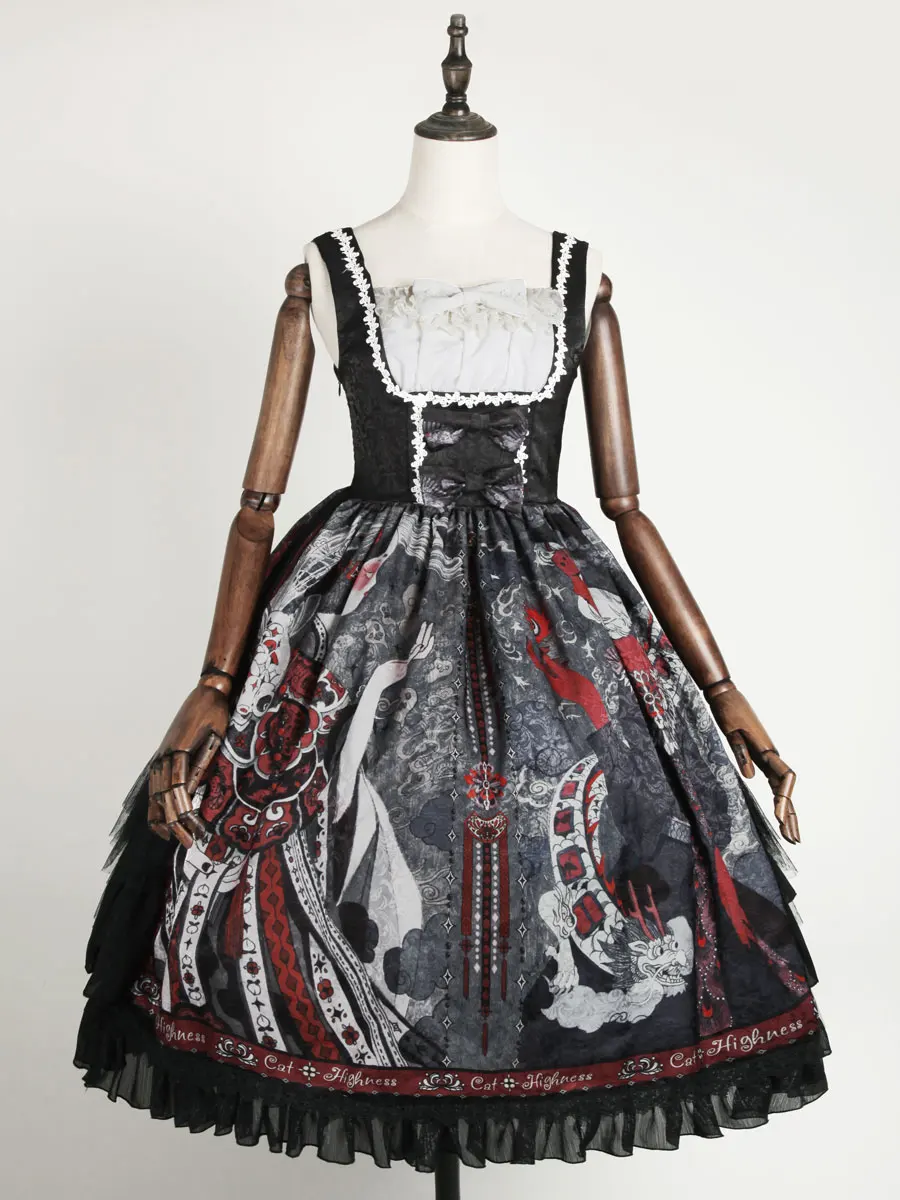 

Gothic Lolita JSK Dress Black Witch Curve Sleeveless Bows Halloween Lolita Jumper Skirts