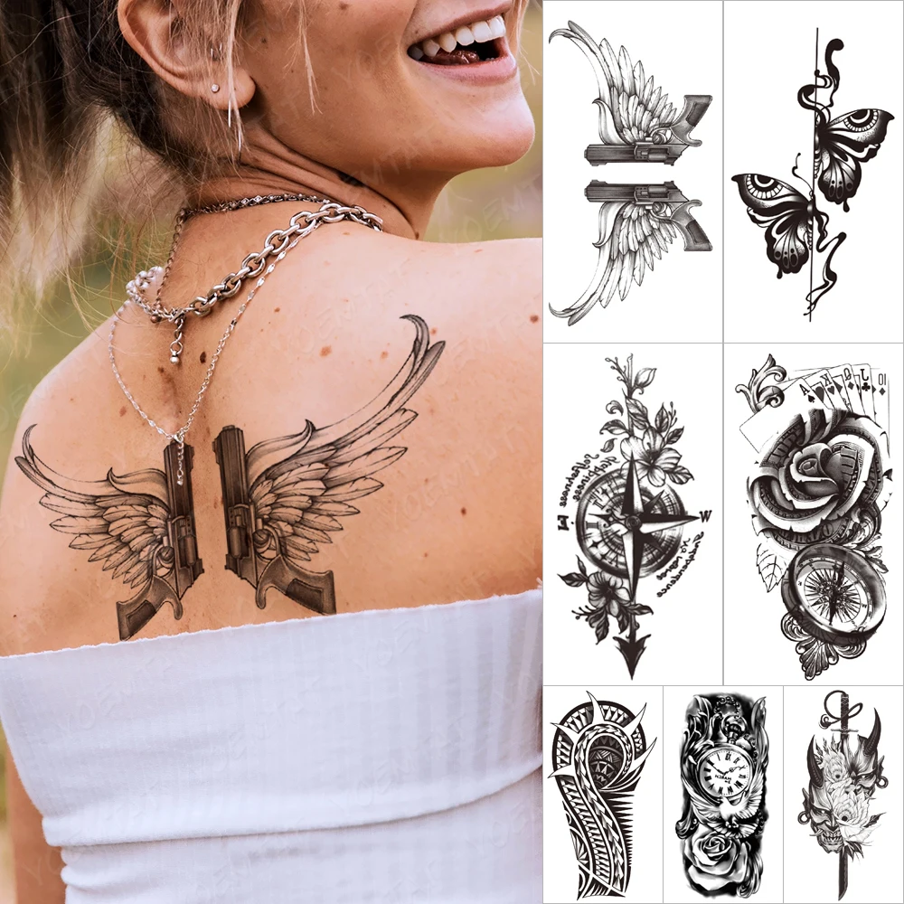 Waterproof Temporary Tattoo Sticker Gun Wing Feathers Tattoos Black Rose Compass Body Art Arm Fake Sleeve Tatoo Women
Waterproof Temporary Tattoo Sticker Gun Wing Feathers Tattoos Black Rose Compass Body Art Arm Fake Sleeve Tatoo Women