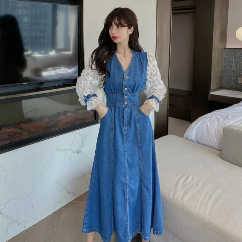 Streetwear Vintage Autumn Pathcwork Slim High Waist V Neck Puff Sleeve Denim Dress Big Swing Fashion Vestido Mujer Jeans Full
Streetwear Vintage Autumn Pathcwork Slim High Waist V Neck Puff Sleeve Denim Dress Big Swing Fashion Vestido Mujer Jeans Full