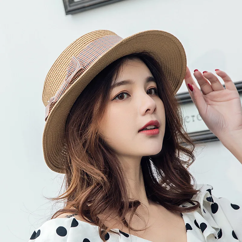 

Wholesale New Arrived Summer Youth Woman Straw Beach Holiday Flat Top Sunshade Leisure Fashion Bow Elegance Bowler Glacier Hats