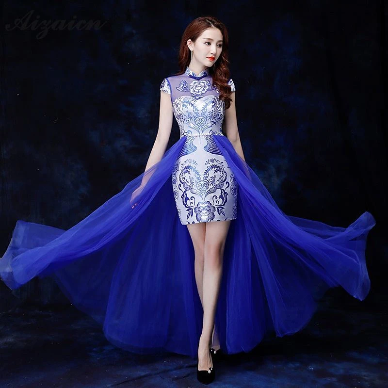 Fashion Yarn Skirt Femme Slim Perspective Cheongsam Blue Host Dresses Qi Pao Women Chinese Traditional Clothing Dress Qipao
Fashion Yarn Skirt Femme Slim Perspective Cheongsam Blue Host Dresses Qi Pao Women Chinese Traditional Clothing Dress Qipao