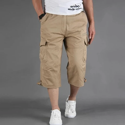 Большие размеры до колена, шорты-карго, мужские летние повседневные хлопковые бриджи с несколькими карманами, укороченные короткие брюки, свободные камуфляжные шорты