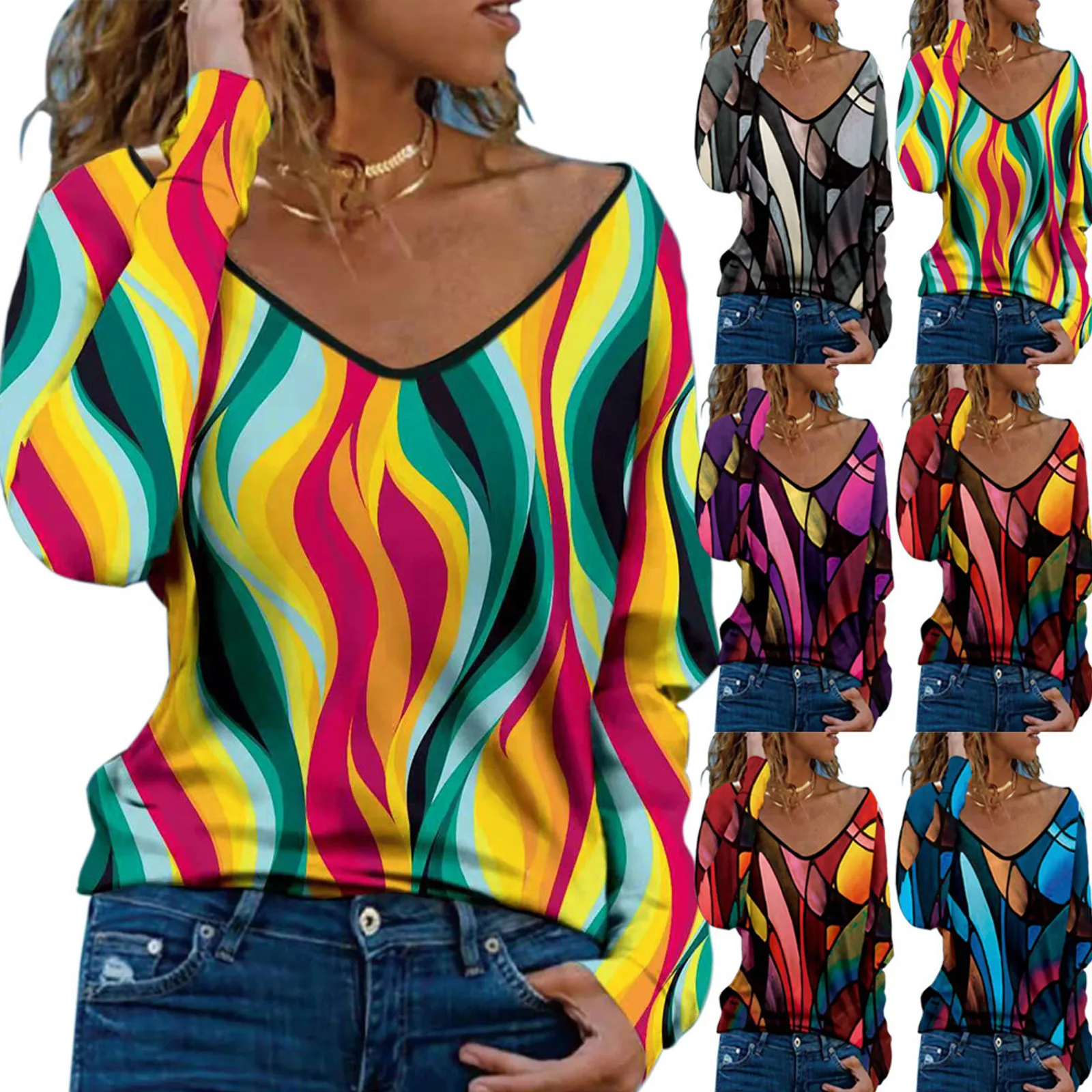 Sleeve Top O-neck Blouse T-shirt Geometry Long Women Color Printed Casual Shirt Women's T-Shirts
Sleeve Top O-neck Blouse T-shirt Geometry Long Women Color Printed Casual Shirt Women's T-Shirts