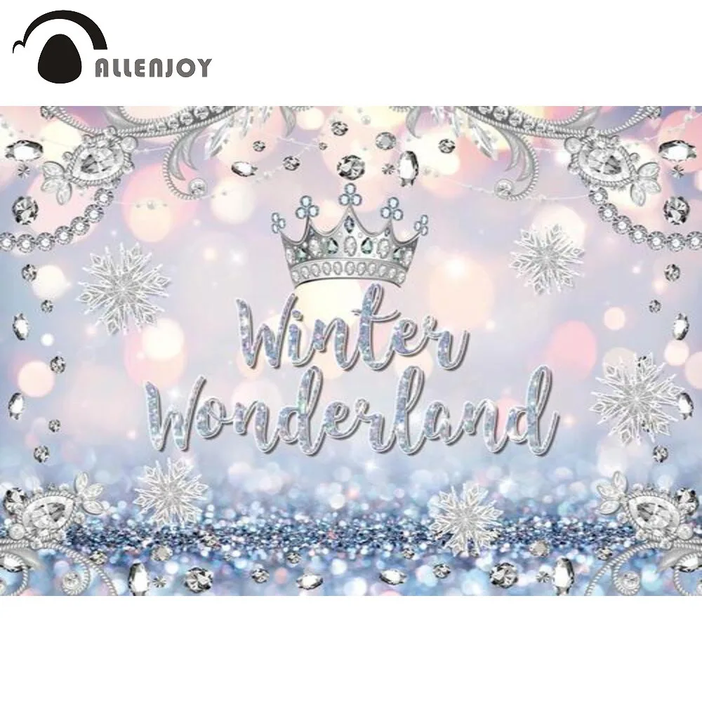 

Allenjoy Winter Wonderland 1st Birthday Party Background Bokeh Glitter Snowflake Baby Shower Diamond Crown Princess Backdrop