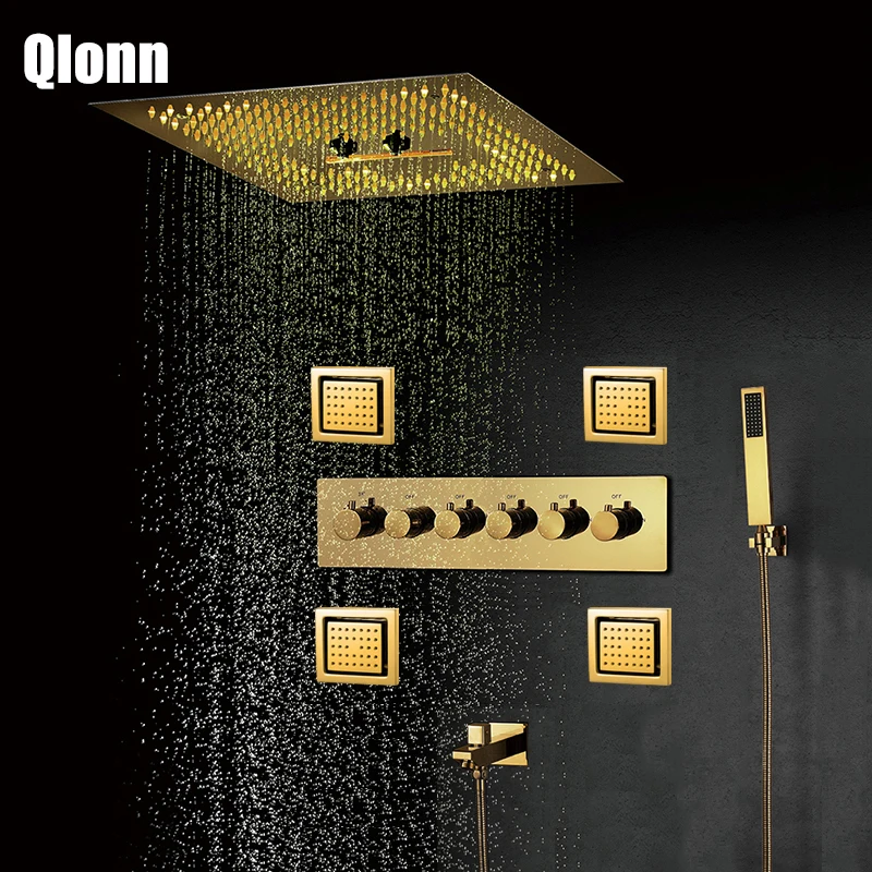 

Полированная Золотая Душевая система Qlonn, светодиодсветодиодный панель для Дождевого душа 16 дюймов, душевые лейки, смеситель для ванной ком...