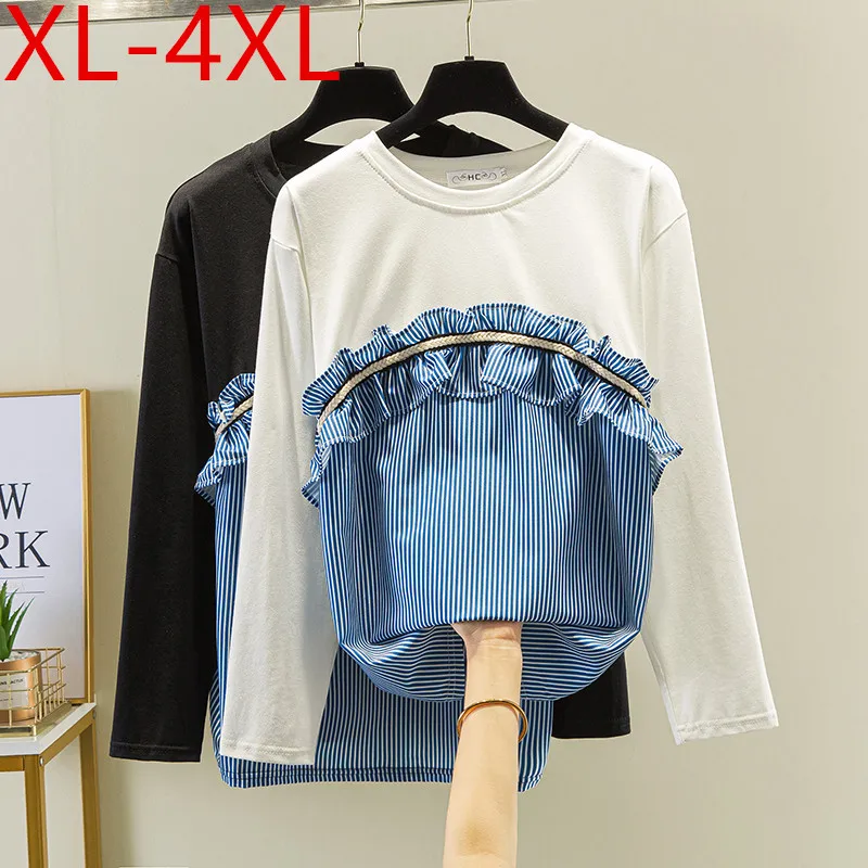 Autumn Plus Size Women O Neck Long Sleeve Ruffles Stripe Patchwork Cotton T-shirt Large Loose Casual Tops Tees XL 2XL 3XL 4XL
Autumn Plus Size Women O Neck Long Sleeve Ruffles Stripe Patchwork Cotton T-shirt Large Loose Casual Tops Tees XL 2XL 3XL 4XL