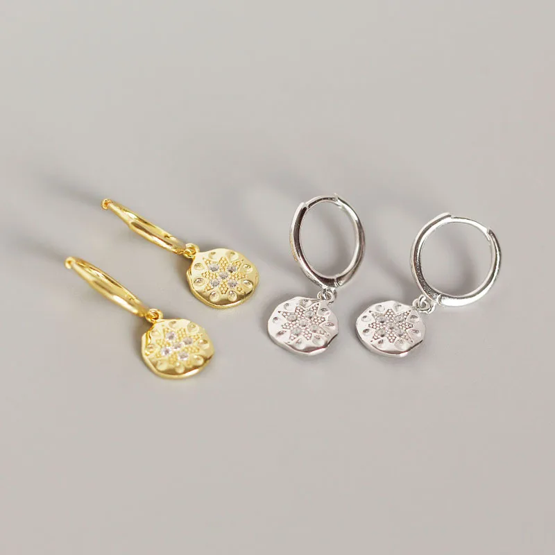 

100% S925 Sterling Silver Geometric Baroco style Round Coin earrings women Zircon Flower Drop earrings party jewelry Xmas Gift