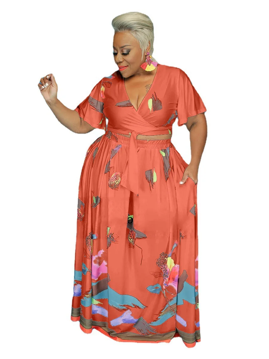 2021 Newest Women Plus Size Printing Skirt Sets Two Pieces Short Sleeves V Neck T Shirt High Waist A line Skirt Floor Length
2021 Newest Women Plus Size Printing Skirt Sets Two Pieces Short Sleeves V Neck T Shirt High Waist A line Skirt Floor Length