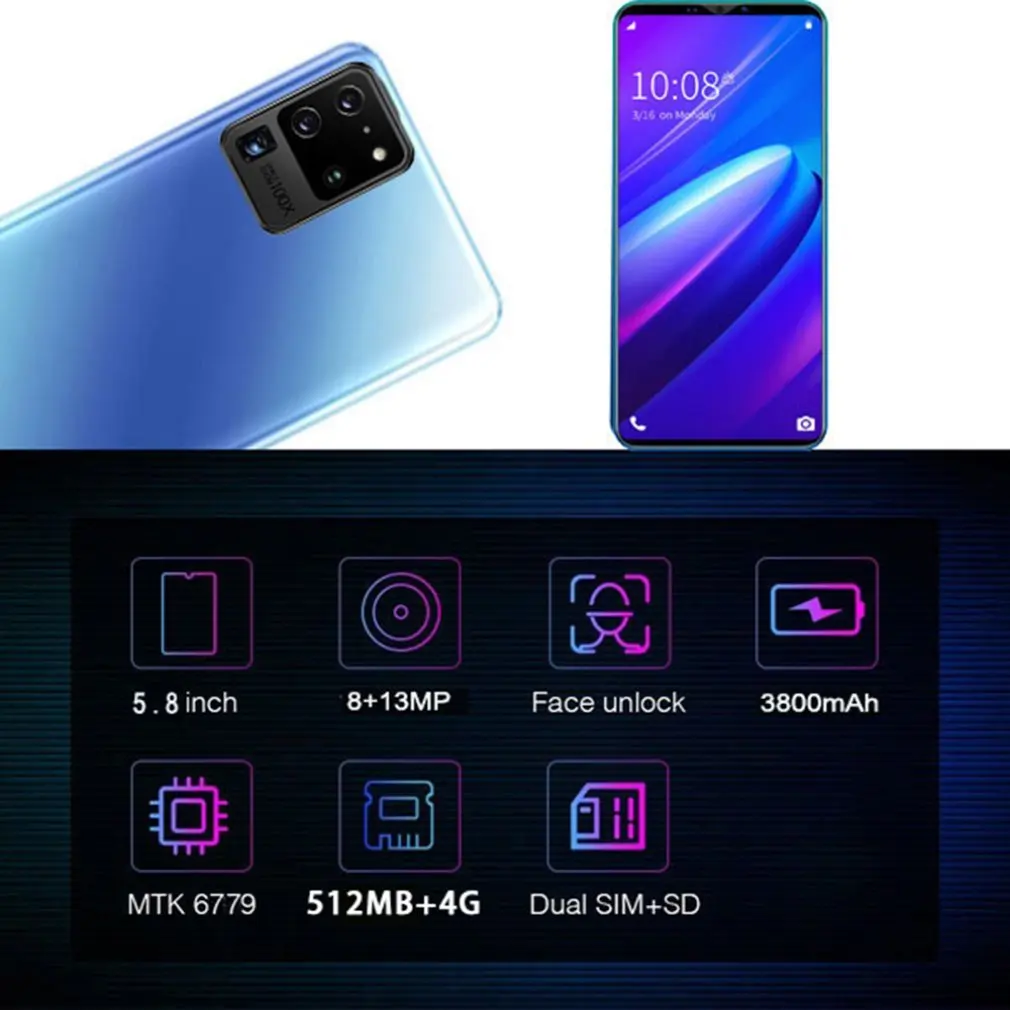 S20 Pro Smartphone 5.8 Inch Screen Smartphone 512M+4G Android Smartphone 3D Glass Plated Back Cover Blue
S20 Pro Smartphone 5.8 Inch Screen Smartphone 512M+4G Android Smartphone 3D Glass Plated Back Cover Blue