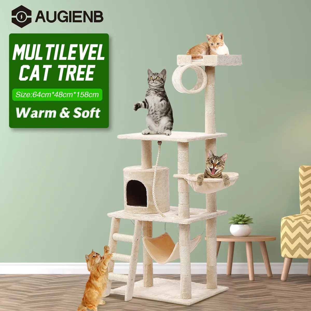 AUGIENB Multi-Level Cat Tree House 62 inches Pet Cat Climb Frame Wooden Cat Furniture Pet Toy for Large Cats with Cozy Perches
AUGIENB Multi-Level Cat Tree House 62 inches Pet Cat Climb Frame Wooden Cat Furniture Pet Toy for Large Cats with Cozy Perches
